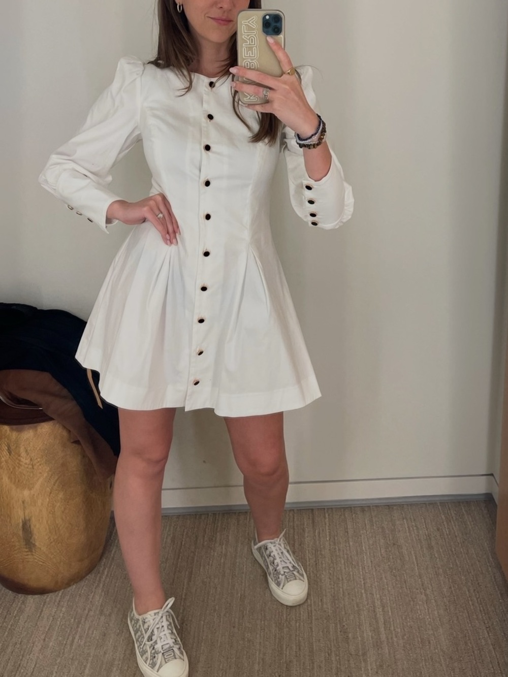 Reformation White Long-Sleeve Button Front Mini Dress